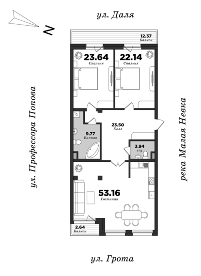 Дом на улице Грота, Корпус 1, 2 спальни, 136.16 м² | планировка элитных квартир Санкт-Петербурга | М16